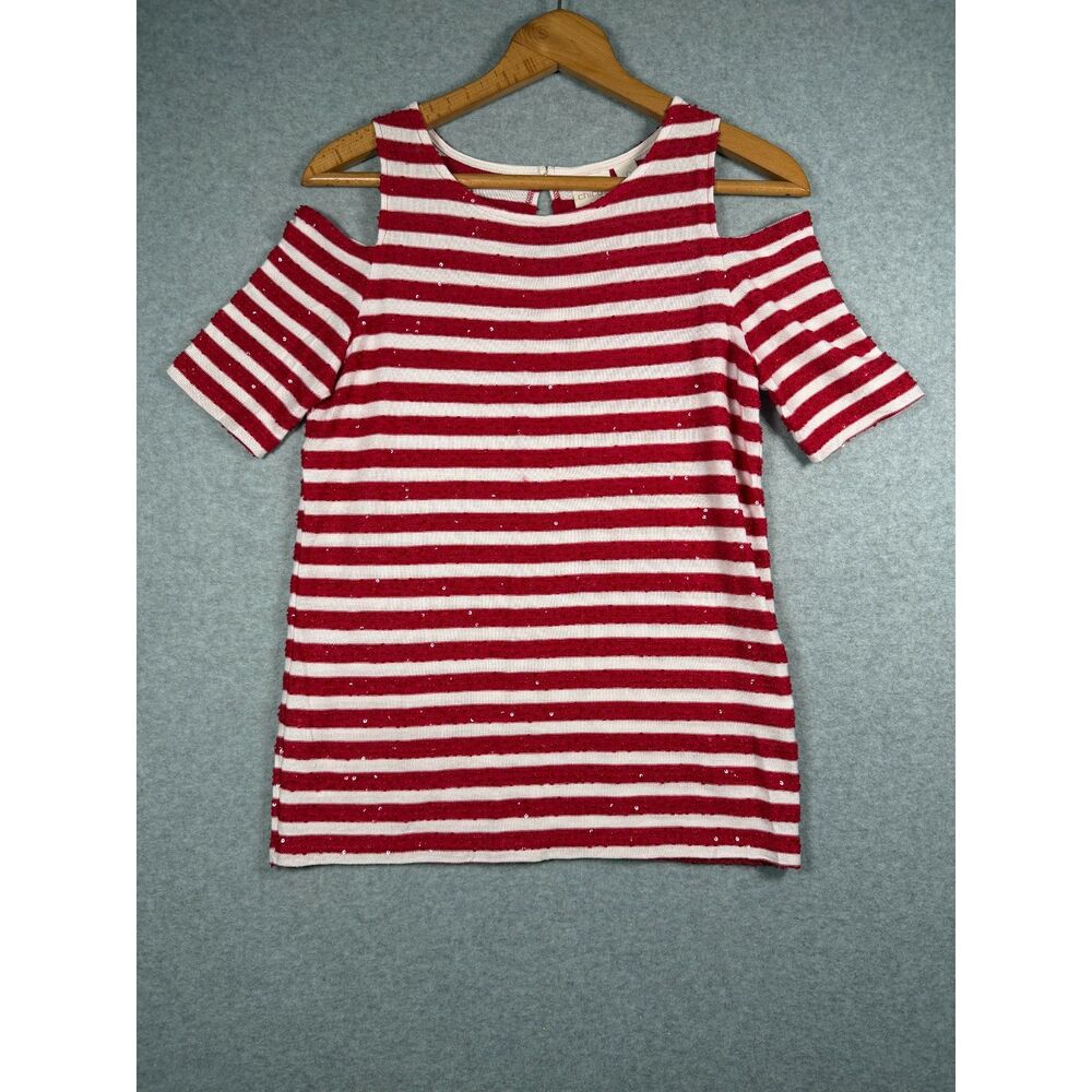 Chico's Size 0 Small Red White Stripe Sequin Cold Shoulder Top Blouse 3873